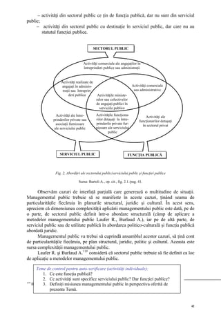 – activităţi din sectorul public ce ţin de funcţia publică, dar nu sunt din serviciul
public;
     – activităţi din sectorul public cu destinaţie în serviciul public, dar care nu au
        statutul funcţiei publice.


                                           SECTORUL PUBLIC



                                    Activităţi comerciale ale angajaţilor în
                                    întreprinderi publice sau administraţii


                    Activităţi realizate de
                    angajaţi în adminis-                                 Activităţi comerciale
                     traţii sau întreprin-                                sau administrative
                          deri publice         Activităţile ministe-
                                              relor sau colectivelor
                                              de angajaţi publici în
                                                serviciile publice
                 Activităţi ale între-        Activităţile funcţiona-            Activităţi ale
               prinderilor private sau        rilor detaşaţi în între-       funcţionarilor detaşaţi
                 asociaţii furnizoare         prinderile private fur-
                                                                               în sectorul privat
                ale serviciului public        nizoare ale serviciului
                                                       public




                    SERVICIUL PUBLIC                                 FUNCŢIA PUBLICĂ



                 Fig. 2. Abordări ale sectorului public/serviciului public şi funcţiei publice

                                 Sursa: Bartoli A., op. cit., fig. 2.1./pag. 41.

      Observăm cazuri de interfaţă parţială care generează o multitudine de situaţii.
Managementul public trebuie să se manifeste în aceste cazuri, ţinând seama de
particularităţile fiecăruia în planurile structural, juridic şi cultural. În acest sens,
apreciem că dimensiunea complexităţii aplicării managementului public este dată, pe de
o parte, de sectorul public definit într-o abordare structurală (câmp de aplicare a
metodelor managementului public Laufer R., Burlaud A.), iar pe de altă parte, de
serviciul public sau de utilitate publică în abordarea politico-culturală şi funcţia publică
abordată juridic.
      Managementul public va trebui să cuprindă ansamblul acestor cazuri, să ţină cont
de particularităţile fiecăruia, pe plan structural, juridic, politic şi cultural. Aceasta este
sursa complexităţii managementului public.
      Laufer R. şi Burlaud A.119 consideră că sectorul public trebuie să fie definit ca loc
de aplicaţie a metodelor managementului public.

       Teme de control pentru auto-verificare (activităţi individuale):
            1. Ce este funcţia publică?
            2. Ce activităţi sunt specifice serviciului public? Dar funcţiei publice?
119
            3. p. cit., p. misiunea managementului public în perspectiva oferită de
    Bartoli A., oDefiniţi 38.
                 prezenta Temă.


                                                                                                       42
 