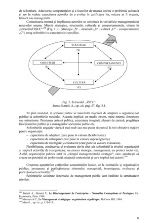 de schimbare. Adecvarea competenţelor şi a locurilor de muncă devine o problemă culturală
şi are în vedere capacitatea actorilor de a evolua în calificarea lor, oricare ar fi aceasta,
tehnică sau managerială.
      Comunicarea internă şi implicarea actorilor se constituie în variabilele managementului
resurselor umane. Mizele strategice, structurale, culturale şi comportamentale, situate în
„tetraedrul SSCC“ 148 (Fig. 1.) – (strategie „S“ – structură „S“ – cultură „C“ – comportamente
„C“) atrag schimbări cu caracteristici specifice.

                                                                             Dezvoltare
                                                                             integrată
                                            STRATEGIE
                                                 (S)



                 STRUCTURI                                        COMPORTAMENTE
                    (S)                                                       (C)




                                             CULTURĂ
                                                 (C)




                                   Fig. 1. Tetraedul „SSCC”
                            Sursa: Bartoli A., op. cit. pag. 57, fig. 3.1.

      Pe plan mondial, în sectorul public se manifestă mişcarea de adaptare a organizaţiilor
publice la schimbările mediului. Aceasta implică: un mediu extern, mize interne, fenomene
sau mimetisme. Presiunea opiniei publice, cercetarea imaginii, planuri de carieră, pregătirea
funcţionarilor publici şi a managerilor sectorului public etc.
      Schimbările angajate vizează mai mult sau mai puţin răspunsul la trei obiective majore
pentru organizaţie:
      − capacitatea de adaptare (care pune în valoare flexibilitatea);
      − capacitatea de anticipare (care pune în valoare supravegherea);
      − capacitatea de înţelegere şi conducere (care pune în valoare evaluarea).
      Flexibilitatea, conducerea şi evaluarea devin chei ale schimbării la nivelul organizaţiei
şi implică activităţi de reorganizare, un proces strategic, management, un proiect social etc.
Astfel, organizaţiile publice intră în „câmpul managementului strategic“, care, urmăreşte să
creeze un potenţial de performanţă adaptată contextului şi care implică toţi actorii. 149

     Creşterea aşteptărilor cetăţenilor comunităţilor locale, de la instituţiile şi organizaţiile
publice, presupune şi perfecţionarea sistemului managerial, investigarea, evaluarea şi
perfecţionarea activităţii 150 .
     Schimbările solicitate sistemului de management public sunt întâlnite la următoarele
niveluri:


148
    Bartoli A., Herniel P., Le Développement de l’enterprise – Nouvelles Conceptions et Pratiques, Ed.
Economica, Paris, 1989.
149
    Martinet A.C., Le Management stratégique: organisation et politique, McGraw Hill, 1984.
150
    Matei L., op. cit., p. 110-113.




                                                                                                    56
 