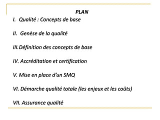 PLAN
I. Qualité : Concepts de base
II. Genèse de la qualité
III.Définition des concepts de base
IV. Accréditation et certification
V. Mise en place d’un SMQ
VI. Démarche qualité totale (les enjeux et les coûts)
VII. Assurance qualité
 