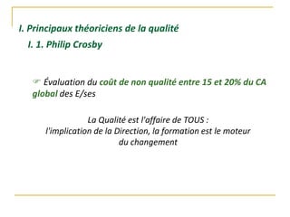 I. Principaux théoriciens de la qualité
 Évaluation du coût de non qualité entre 15 et 20% du CA
global des E/ses
I. 1. Philip Crosby
La Qualité est l'affaire de TOUS :
l'implication de la Direction, la formation est le moteur
du changement
 