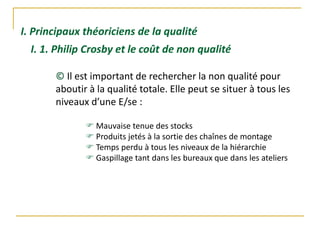 © Il est important de rechercher la non qualité pour
aboutir à la qualité totale. Elle peut se situer à tous les
niveaux d’une E/se :
 Mauvaise tenue des stocks
 Produits jetés à la sortie des chaînes de montage
 Temps perdu à tous les niveaux de la hiérarchie
 Gaspillage tant dans les bureaux que dans les ateliers
I. Principaux théoriciens de la qualité
I. 1. Philip Crosby et le coût de non qualité
 