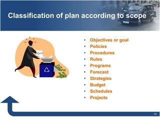Classification of plan according to scope
• Objectives or goal
• Policies
• Procedures
• Rules
• Programs
• Forecast
• Strategies
• Budget
• Schedules
• Projects
15
 