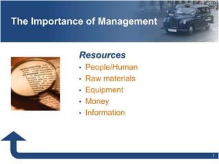 The Importance of Management
7
Resources
• People/Human
• Raw materials
• Equipment
• Money
• Information
 