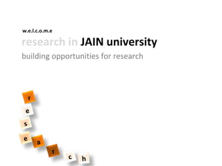 research in JAIN university
building opportunities for research
r
r
a
c
e
s
e
h
w.e.l.c.o.m.e
 