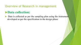 Overview of Research in management
Data collection:
 Data is collected as per the sampling plan using the instrument
developed as per the specification in the design phase
 