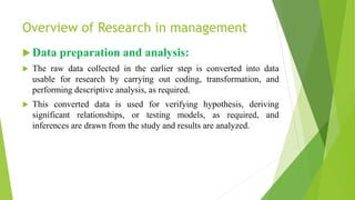 Overview of Research in management
 Data preparation and analysis:
 The raw data collected in the earlier step is converted into data
usable for research by carrying out coding, transformation, and
performing descriptive analysis, as required.
 This converted data is used for verifying hypothesis, deriving
significant relationships, or testing models, as required, and
inferences are drawn from the study and results are analyzed.
 