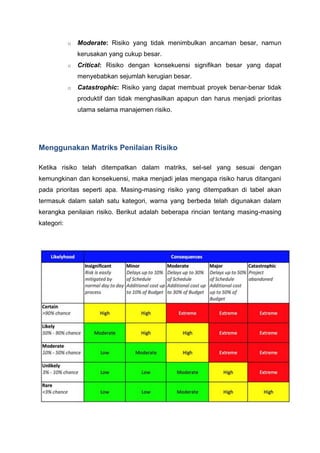 o Moderate: Risiko yang tidak menimbulkan ancaman besar, namun
kerusakan yang cukup besar.
o Critical: Risiko dengan konsekuensi signifikan besar yang dapat
menyebabkan sejumlah kerugian besar.
o Catastrophic: Risiko yang dapat membuat proyek benar-benar tidak
produktif dan tidak menghasilkan apapun dan harus menjadi prioritas
utama selama manajemen risiko.
Menggunakan Matriks Penilaian Risiko
Ketika risiko telah ditempatkan dalam matriks, sel-sel yang sesuai dengan
kemungkinan dan konsekuensi, maka menjadi jelas mengapa risiko harus ditangani
pada prioritas seperti apa. Masing-masing risiko yang ditempatkan di tabel akan
termasuk dalam salah satu kategori, warna yang berbeda telah digunakan dalam
kerangka penilaian risiko. Berikut adalah beberapa rincian tentang masing-masing
kategori:
 