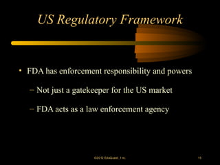 US Regulatory Framework


• FDA has enforcement responsibility and powers

  – Not just a gatekeeper for the US market

  – FDA acts as a law enforcement agency




                    ©2012 EduQ uest , I nc.       15
 