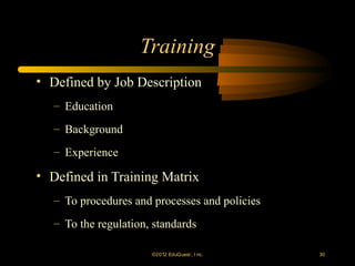 Training
• Defined by Job Description
   – Education
   – Background
   – Experience

• Defined in Training Matrix
   – To procedures and processes and policies
   – To the regulation, standards

                       ©2012 EduQ uest , I nc.   30
 