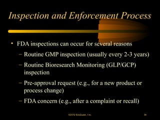 Inspection and Enforcement Process

• FDA inspections can occur for several reasons
   – Routine GMP inspection (usually every 2-3 years)
   – Routine Bioresearch Monitoring (GLP/GCP)
     inspection
   – Pre-approval request (e.g., for a new product or
     process change)
   – FDA concern (e.g., after a complaint or recall)

                       ©2012 EduQ uest , I nc.          34
 