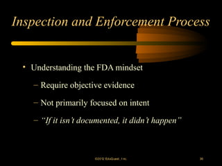 Inspection and Enforcement Process


 • Understanding the FDA mindset

   – Require objective evidence

   – Not primarily focused on intent

   – “If it isn’t documented, it didn’t happen”



                     ©2012 EduQ uest , I nc.      36
 