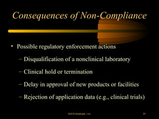 Consequences of Non-Compliance


• Possible regulatory enforcement actions

   – Disqualification of a nonclinical laboratory

   – Clinical hold or termination

   – Delay in approval of new products or facilities

   – Rejection of application data (e.g., clinical trials)

                        ©2012 EduQ uest , I nc.          37
 