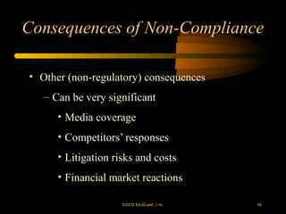 Consequences of Non-Compliance

• Other (non-regulatory) consequences
   – Can be very significant
      • Media coverage
      • Competitors’ responses
      • Litigation risks and costs
      • Financial market reactions

                     ©2012 EduQ uest , I nc.   40
 