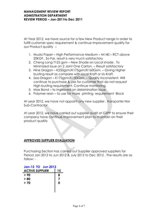 MANAGEMENT REVIEW REPORT
ADMISTRATION DEPARTMENT
REVIEW PERIOD – Jan-2011to Dec 2011




At Year 2012, we have source for a few New Product range in order to
fulfill customer spec requirement & continue improvement quality for
our Product quality :-

   1. Muda Paper – High Performance Medium – M140 – RCT above
      20KGF.. So Far, result is very much satisfactory
   2. Cheng Long T125 gsm – New Shade on Local shade . To
      Minimized issue on 2 Joint One Carton. – Result satisfactory
   3. Nine Dragon – K250gsm/K175gsm/K160Gsm. – Giving Higher
      busting result as compare with local Kraft or Us Kraft.
   4. Sea Dragon – K175gsm/K150Gsm. – Quality inconsistent. Will
      continue to purchase & use for customer that do not request
      High busting requirement. Continue monitoring.
   5. Max Bond – to improved on delamination issue.
   6. Polymer resin – to use for more printing requirement Block

At year 2012, we have not appoint any new supplier , transporter Nor
Sub-Contractor.

At year 2012, we have carried out supplier audit at GSPP to ensure their
company have continue improvement plan to maintain on their
product quality




APPROVED SUPPLIER EVALUATION


Purchasing Section has carried out Supplier approved suppliers for
Period Jan 2012 to Jun 2012 & July 2012 to Dec 2012 . The results are as
follow: -

Jan-12 TO Jun 2012
ACTIVE SUPPLIER       15
> 90                   8
> 80                   7
> 70                   0




                                Page 4 of 7
 