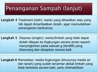 Langkah 4 Treatment (olah): residu yang dihasilkan atau yang
tdk dapat dimanfaatkan diolah, agar memudahkan
penanganan berikutnya
Langkah 5 Dispose (singkir): residu/limbah yang tidak dapat
diolah dilepas ke lingkungan secara aman seperti
menyingkirkan pada sebuah g (landfill) yang
dirancang dan disiapkan secara baik
Langkah 6 Remediasi: media lingkungan (khusunya media air
dan tanah) yang sudah tercemar akibat limbah yang
tidak terkelola secara baik, perlu direhabilitasi
 