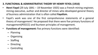 3. FUNCTIONAL & ADMINISTRATIVE THEORY BY HENRY FEYOL (1910)
• Henri Fayol (29 July 1841 – 19 November 1925) was a French mining engineer,
mining executive, author and director of mines who developed general theory
of business administration that is often called Fayolism.
• Fayol's work was one of the first comprehensive statements of a general
theory of management.[ He proposed that there were five primary functions of
management(POCCC) and fourteen principles of management.
• Functions of management: five primary functions were identified:
– Planning
– Organizing
– Staffing
– Directing
– Controlling
 