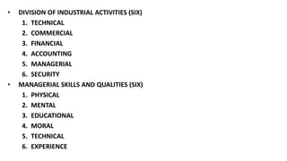 • DIVISION OF INDUSTRIAL ACTIVITIES (SIX)
1. TECHNICAL
2. COMMERCIAL
3. FINANCIAL
4. ACCOUNTING
5. MANAGERIAL
6. SECURITY
• MANAGERIAL SKILLS AND QUALITIES (SIX)
1. PHYSICAL
2. MENTAL
3. EDUCATIONAL
4. MORAL
5. TECHNICAL
6. EXPERIENCE
 