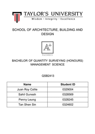 SCHOOL OF ARCHITECTURE, BUILDING AND
DESIGN
BACHELOR OF QUANTITY SURVEYING (HONOURS)
MANAGEMENT SCIENCE
QSB2413
Name Student ID
Juan Roy Collie 0329004
Sahil Gunesh 0328569
Penny Leung 0328245
Tan Shen Sin 0324602
 