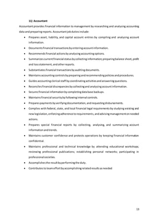 13
11) Accountant
Accountant provides financial information to management by researching and analysing accounting
data and preparingreports.Accountantjobdutiesinclude:
 Prepares asset, liability, and capital account entries by compiling and analysing account
information.
 Documentsfinancial transactionsbyenteringaccountinformation.
 Recommendsfinancial actionsby analysingaccountingoptions.
 Summarizescurrentfinancial statusbycollectinginformation;preparingbalance sheet,profit
and lossstatement,andotherreports.
 Substantiatesfinancial transactionsbyauditingdocuments.
 Maintainsaccountingcontrolsbypreparingandrecommendingpoliciesandprocedures.
 Guidesaccountingclerical staff bycoordinatingactivitiesandansweringquestions.
 Reconcilesfinancial discrepanciesbycollectingand analysingaccountinformation.
 Securesfinancial informationbycompletingdatabase backups.
 Maintainsfinancial securitybyfollowinginternal controls.
 Preparespaymentsbyverifyingdocumentation,andrequestingdisbursements.
 Complies with federal, state, and local financial legal requirements by studying existing and
newlegislation,enforcingadherence torequirements,andadvisingmanagementonneeded
actions.
 Prepares special financial reports by collecting, analysing, and summarizing account
informationandtrends.
 Maintains customer confidence and protects operations by keeping financial information
confidential.
 Maintains professional and technical knowledge by attending educational workshops;
reviewing professional publications; establishing personal networks; participating in
professionalsocieties.
 Accomplishesthe resultbyperformingthe duty.
 Contributesto teameffortbyaccomplishingrelatedresultsasneeded
 