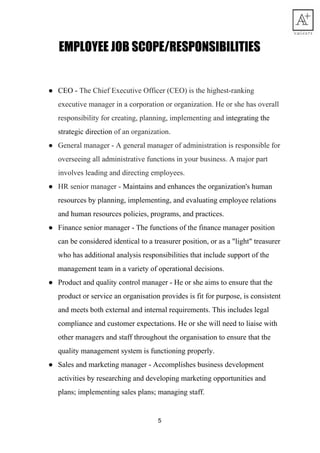 EMPLOYEE​ ​JOB​ ​SCOPE/RESPONSIBILITIES 
 
● CEO​ ​-​ ​​The​ ​Chief​ ​Executive​ ​Officer​ ​(CEO)​ ​is​ ​the​ ​highest-ranking
executive​ ​manager​ ​in​ ​a​ ​corporation​ ​or​ ​organization.​ ​He​ ​or​ ​she​ ​has​ ​overall
responsibility​ ​for​ ​creating,​ ​planning,​ ​implementing​ ​and​​ ​​integrating​ ​the
strategic​ ​direction​​ ​of​ ​an​ ​organization.
● General​ ​manager​ ​-​ ​A​ ​general​ ​manager​ ​of​ ​administration​ ​is​ ​responsible​ ​for
overseeing​ ​all​ ​administrative​ ​functions​ ​in​ ​your​ ​business.​ ​A​ ​major​ ​part
involves​ ​leading​ ​and​ ​directing​ ​employees.
● HR​ ​senior​ ​manager​ ​-​ ​​Maintains​ ​and​ ​enhances​ ​the​ ​organization's​ ​human
resources​ ​by​ ​planning,​ ​implementing,​ ​and​ ​evaluating​ ​employee​ ​relations
and​ ​human​ ​resources​ ​policies,​ ​programs,​ ​and​ ​practices.
● Finance​ ​senior​ ​manager​ ​-​ ​The​ ​functions​ ​of​ ​the​ ​finance​ ​manager​ ​position
can​ ​be​ ​considered​ ​identical​ ​to​ ​a​ ​​treasurer​​ ​position,​ ​or​ ​as​ ​a​ ​"light"​ ​treasurer
who​ ​has​ ​additional​ ​analysis​ ​responsibilities​ ​that​ ​include​ ​support​ ​of​ ​the
management​ ​team​ ​in​ ​a​ ​variety​ ​of​ ​operational​ ​decisions.
● Product​ ​and​ ​quality​ ​control​ ​manager​ ​-​ ​He​ ​or​ ​she​ ​aims​ ​to​ ​ensure​ ​that​ ​the
product​ ​or​ ​service​ ​an​ ​organisation​ ​provides​ ​is​ ​fit​ ​for​ ​purpose,​ ​is​ ​consistent
and​ ​meets​ ​both​ ​external​ ​and​ ​internal​ ​requirements.​ ​This​ ​includes​ ​legal
compliance​ ​and​ ​customer​ ​expectations.​ ​He​ ​or​ ​she​ ​will​ ​need​ ​to​ ​liaise​ ​with
other​ ​managers​ ​and​ ​staff​ ​throughout​ ​the​ ​organisation​ ​to​ ​ensure​ ​that​ ​the
quality​ ​management​ ​system​ ​is​ ​functioning​ ​properly.
● Sales​ ​and​ ​marketing​ ​manager​ ​-​ ​Accomplishes​ ​business​ ​development
activities​ ​by​ ​researching​ ​and​ ​developing​ ​marketing​ ​opportunities​ ​and
plans;​ ​implementing​ ​sales​ ​plans;​ ​managing​ ​staff.
5
 