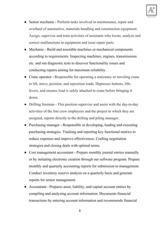 ● Senior​ ​mechanic​​ ​​-​ ​​Perform​ ​tasks​ ​involved​ ​in​ ​maintenance,​ ​repair​ ​and
overhaul​ ​of​ ​automotive,​ ​materials​ ​handling​ ​and​ ​construction​ ​equipment.
Assign,​ ​supervise​ ​and​ ​train​ ​activities​ ​of​ ​assistants​ ​who​ ​locate,​ ​analyze​ ​and
correct​ ​malfunctions​ ​in​ ​equipment​ ​and​ ​issue​ ​repair​ ​parts.
● Mechanic​ ​-​​ ​​Build​ ​and​ ​assemble​ ​machines​ ​or​ ​mechanical​ ​components
according​ ​to​ ​requirements.​​ ​​Inspecting​ ​machines,​ ​engines,​ ​transmissions
etc.​ ​and​ ​run​ ​diagnostic​ ​tests​ ​to​ ​discover​ ​functionality​ ​issues​ ​and
conducting​ ​repairs​ ​aiming​ ​for​ ​maximum​ ​reliability.
● Crane​ ​operator​ ​-​ ​​Responsible​ ​for​ ​operating​ ​a​ ​stationary​ ​or​ ​traveling​ ​crane
to​ ​lift,​ ​move,​ ​position,​ ​and​ ​reposition​ ​loads.​ ​Depresses​ ​buttons,​ ​lifts
levers,​ ​and​ ​ensures​ ​load​ ​is​ ​safely​ ​attached​ ​to​ ​crane​ ​before​ ​bringing​ ​it
down.
● Drilling​ ​foreman​ ​-​ ​This​ ​position​ ​supervise​ ​and​ ​assist​ ​with​ ​the​ ​day-to-day
activities​ ​of​ ​the​ ​line​ ​crew​ ​employees​ ​and​ ​the​ ​project​ ​to​ ​which​ ​they​ ​are
assigned,​ ​reports​ ​directly​ ​to​ ​the​ ​drilling​ ​and​ ​piling​ ​manager.
● Purchasing​ ​manager​ ​-​​ ​Responsible​ ​in​ ​developing,​ ​leading​ ​and​ ​executing
purchasing​ ​strategies.​ ​Tracking​ ​and​ ​reporting​ ​key​ ​functional​ ​metrics​ ​to
reduce​ ​expenses​ ​and​ ​improve​ ​effectiveness.​ ​Crafting​ ​negotiation
strategies​ ​and​ ​closing​ ​deals​ ​with​ ​optimal​ ​terms.
● Cost​ ​management​ ​accountant​ ​-​ ​Prepare​ ​monthly​ ​journal​ ​entries​ ​manually
or​ ​by​ ​initiating​ ​electronic​ ​creation​ ​through​ ​our​ ​software​ ​program.​ ​Prepare
monthly​ ​and​ ​quarterly​ ​accounting​ ​reports​ ​for​ ​submission​ ​to​ ​management.
Conduct​ ​inventory​ ​reserve​ ​analysis​ ​on​ ​a​ ​quarterly​ ​basis​ ​and​ ​generate
reports​ ​for​ ​senior​ ​management.
● Accountant​ ​-​ ​Prepares​ ​asset,​ ​liability,​ ​and​ ​capital​ ​account​ ​entries​ ​by
compiling​ ​and​ ​analyzing​ ​account​ ​information.​ ​Documents​ ​financial
transactions​ ​by​ ​entering​ ​account​ ​information​ ​and​ ​recommends​ ​financial
8
 