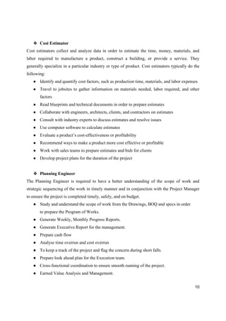 10
❖ Cost Estimator
Cost estimators collect and analyze data in order to estimate the time, money, materials, and
labor required to manufacture a product, construct a building, or provide a service. They
generally specialize in a particular industry or type of product. Cost estimators typically do the
following:
● Identify and quantify cost factors, such as production time, materials, and labor expenses
● Travel to jobsites to gather information on materials needed, labor required, and other
factors
● Read blueprints and technical documents in order to prepare estimates
● Collaborate with engineers, architects, clients, and contractors on estimates
● Consult with industry experts to discuss estimates and resolve issues
● Use computer software to calculate estimates
● Evaluate a product’s cost-effectiveness or profitability
● Recommend ways to make a product more cost effective or profitable
● Work with sales teams to prepare estimates and bids for clients
● Develop project plans for the duration of the project
❖ Planning Engineer
The Planning Engineer is required to have a better understanding of the scope of work and
strategic sequencing of the work in timely manner and in conjunction with the Project Manager
to ensure the project is completed timely, safely, and on budget.
● Study and understand the scope of work from the Drawings, BOQ and specs in order
to prepare the Program of Works.
● Generate Weekly, Monthly Progress Reports.
● Generate Executive Report for the management.
● Prepare cash flow
● Analyse time overrun and cost overrun
● To keep a track of the project and flag the concern during short falls.
● Prepare look ahead plan for the Execution team.
● Cross-functional coordination to ensure smooth running of the project.
● Earned Value Analysis and Management.
 