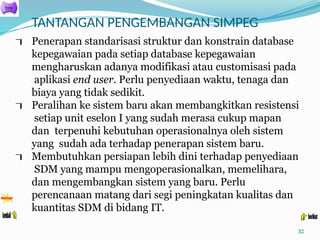 TANTANGAN PENGEMBANGAN SIMPEG
32
 Penerapan standarisasi struktur dan konstrain database
kepegawaian pada setiap database kepegawaian
mengharuskan adanya modifikasi atau customisasi pada
aplikasi end user. Perlu penyediaan waktu, tenaga dan
biaya yang tidak sedikit.
 Peralihan ke sistem baru akan membangkitkan resistensi
setiap unit eselon I yang sudah merasa cukup mapan
dan terpenuhi kebutuhan operasionalnya oleh sistem
yang sudah ada terhadap penerapan sistem baru.
 Membutuhkan persiapan lebih dini terhadap penyediaan
SDM yang mampu mengoperasionalkan, memelihara,
dan mengembangkan sistem yang baru. Perlu
perencanaan matang dari segi peningkatan kualitas dan
kuantitas SDM di bidang IT.
 