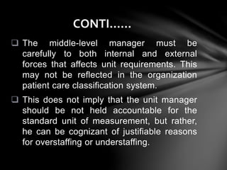  The middle-level manager must be
carefully to both internal and external
forces that affects unit requirements. This
may not be reflected in the organization
patient care classification system.
 This does not imply that the unit manager
should be not held accountable for the
standard unit of measurement, but rather,
he can be cognizant of justifiable reasons
for overstaffing or understaffing.
CONTI……
 