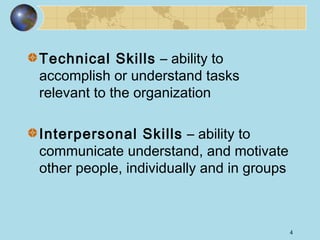 Technical Skills – ability to
accomplish or understand tasks
relevant to the organization
Interpersonal Skills – ability to
communicate understand, and motivate
other people, individually and in groups

4

 