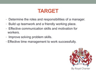 TARGET
• Determine the roles and responsibilities of a manager.
• Build up teamwork and a friendly working place.
• Effective communication skills and motivation for
workers.
• Improve solving problem skills.
• Effective time management to work successfully.
 