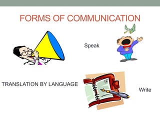 FORMS OF COMMUNICATION
TRANSLATION BY LANGUAGE
Speak
Write
 