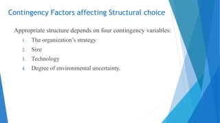 Contingency Factors affecting Structural choice
Appropriate structure depends on four contingency variables:
1. The organization’s strategy
2. Size
3. Technology
4. Degree of environmental uncertainty.
 