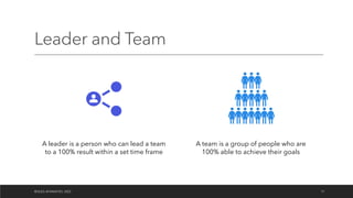 Leader and Team
©OLEG AFANASYEV, 2022 17
A leader is a person who can lead a team
to a 100% result within a set time frame
A team is a group of people who are
100% able to achieve their goals
 
