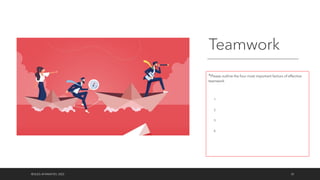 Teamwork
©OLEG AFANASYEV, 2022 32
*Please outline the four most important factors of effective
teamwork
1.
2.
3.
4.
 