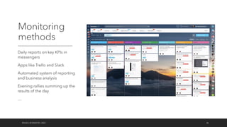 Monitoring
methods
Daily reports on key KPIs in
messengers
Apps like Trello and Slack
Automated system of reporting
and business analysis
Evening rallies summing up the
results of the day
…
©OLEG AFANASYEV, 2022 46
 