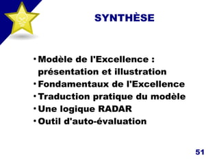 SYNTHÈSE
●
Modèle de l'Excellence :
présentation et illustration
●
Fondamentaux de l'Excellence
●
Traduction pratique du modèle
●
Une logique RADAR
●
Outil d'auto-évaluation
51
 