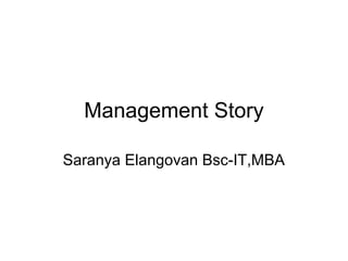 Management Story

Saranya Elangovan Bsc-IT,MBA
 