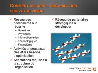 COMMENT ALIGNER L’ORGANISATION
SUR VOTRE VISION

 Ressources                Réseau de partenaires
  nécessaires à la           stratégiques à
  réussite                   développer
   –   Humaines
   –   Physiques
   –   Informationnelles
   –   Technologiques
   –   Financières
 Activités et processus
  clés et les besoins
  d’optimisation
 Adaptations requises à
  la structure de
  l’organisation
 