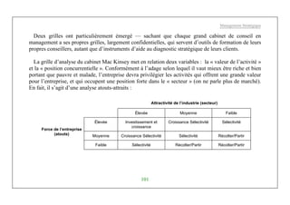 Management Stratégique
101
Deux grilles ont particulièrement émergé — sachant que chaque grand cabinet de conseil en
management a ses propres grilles, largement confidentielles, qui servent d’outils de formation de leurs
propres conseillers, autant que d’instruments d’aide au diagnostic stratégique de leurs clients.
La grille d’analyse du cabinet Mac Kinsey met en relation deux variables : la « valeur de l’activité »
et la « position concurrentielle ». Conformément à l’adage selon lequel il vaut mieux être riche et bien
portant que pauvre et malade, l’entreprise devra privilégier les activités qui offrent une grande valeur
pour l’entreprise, et qui occupent une position forte dans le « secteur » (on ne parle plus de marché).
En fait, il s’agit d’une analyse atouts-attraits :
Attractivité de l’industrie (secteur)
Élevée Moyenne Faible
Élevée Investissement et
croissance
Croissance Sélectivité Sélectivité
Moyenne Croissance Sélectivité Sélectivité Récolter/Partir
Force de l’entreprise
(atouts)
Faible Sélectivité Récolter/Partir Récolter/Partir
 
