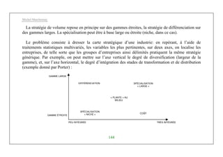 Michel Marchesnay
144
La stratégie de volume repose en principe sur des gammes étroites, la stratégie de différenciation sur
des gammes larges. La spécialisation peut être à base large ou étroite (niche, dans ce cas).
Le problème consiste à dresser la carte stratégique d’une industrie: en repérant, à l’aide de
traitements statistiques multivariés, les variables les plus pertinentes, sur deux axes, on localise les
entreprises, de telle sorte que les groupes d’entreprises ainsi délimités pratiquent la même stratégie
générique. Par exemple, on peut mettre sur l’axe vertical le degré de diversification (largeur de la
gamme), et, sur l’axe horizontal, le degré d’intégration des stades de transformation et de distribution
(exemple donné par Porter) :
GAMME LARGE
GAMME ÉTROITE
TRÈS INTÉGRÉE
DIFFÉRENCIATION
SPÉCIALISATION
« NICHE »
SPÉCIALISATION
« LARGE »
COûT
« PLANTE » AU
MILIEU
PEU INTÉGRÉE
 