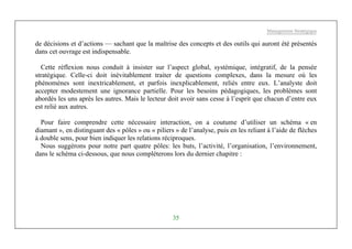 Management Stratégique
35
de décisions et d’actions — sachant que la maîtrise des concepts et des outils qui auront été présentés
dans cet ouvrage est indispensable.
Cette réflexion nous conduit à insister sur l’aspect global, systémique, intégratif, de la pensée
stratégique. Celle-ci doit inévitablement traiter de questions complexes, dans la mesure où les
phénomènes sont inextricablement, et parfois inexplicablement, reliés entre eux. L’analyste doit
accepter modestement une ignorance partielle. Pour les besoins pédagogiques, les problèmes sont
abordés les uns après les autres. Mais le lecteur doit avoir sans cesse à l’esprit que chacun d’entre eux
est relié aux autres.
Pour faire comprendre cette nécessaire interaction, on a coutume d’utiliser un schéma « en
diamant », en distinguant des « pôles » ou « piliers » de l’analyse, puis en les reliant à l’aide de flèches
à double sens, pour bien indiquer les relations réciproques.
Nous suggérons pour notre part quatre pôles: les buts, l’activité, l’organisation, l’environnement,
dans le schéma ci-dessous, que nous compléterons lors du dernier chapitre :
 