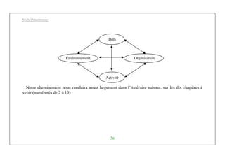 Michel Marchesnay
36
Notre cheminement nous conduira assez largement dans l’itinéraire suivant, sur les dix chapitres à
venir (numérotés de 2 à 10) :
Environnement Organisation
Buts
Activité
 