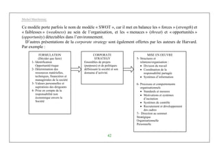 Michel Marchesnay
42
Ce modèle porte parfois le nom de modèle « SWOT », car il met en balance les « forces » (strength) et
« faiblesses » (weakness) au sein de l’organisation, et les « menaces » (threat) et « opportunités »
(opportunity) détectables dans l’environnement.
D’autres présentations de la corporate strategy sont également offertes par les auteurs de Harvard.
Par exemple :
FORMULATION
(Décider que faire)
1- Identification
Opportunité/risque
2- Détermination des
ressources matérielles,
techniques, financières et
managériales de la société
3- Valeurs personnelles et
aspirations des dirigeants
4- Prise en compte de la
responsabilité non
économique envers la
Société
CORPORATE
STRATEGY
Ensembles de projets
(purposes) et de politiques
définissant la société et son
domaine d’activité.
MISE EN OEUVRE
5- Structures et
relations/organisation :
• Division du travail
• Coordination de la
responsabilité partagée
• Systèmes d’information
6- Processus et comportements
organisationnels
• Standards et mesures
• Motivations et systèmes
d’incitation
• Systèmes de contrôle
• Recrutement et développement
des cadres
7- Direction au sommet
Stratégique
Organisationnelle
Personnelle
 