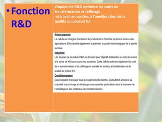 •Fonction
R&D
L’équipe de R&D optimise les coûts de
transformation et raffinage
et travail en continu à l’amélioration de la
qualité du produit fini
 