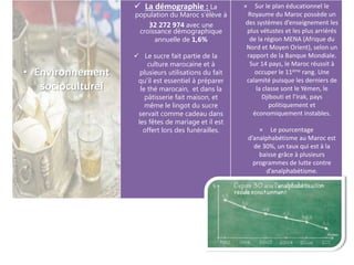  La démographie : La
population du Maroc s’élève à
32 272 974 avec une
croissance démographique
annuelle de 1,6%
 Le sucre fait partie de la
culture marocaine et à
plusieurs utilisations du fait
qu’il est essentiel à préparer
le thé marocain, et dans la
pâtisserie fait maison, et
même le lingot du sucre
servait comme cadeau dans
les fêtes de mariage et il est
offert lors des funérailles.
× Sur le plan éducationnel le
Royaume du Maroc possède un
des systèmes d’enseignement les
plus vétustes et les plus arriérés
de la région MENA (Afrique du
Nord et Moyen Orient), selon un
rapport de la Banque Mondiale.
Sur 14 pays, le Maroc réussit à
occuper le 11ème rang. Une
calamité puisque les derniers de
la classe sont le Yémen, le
Djibouti et l’Irak, pays
politiquement et
économiquement instables.
× Le pourcentage
d’analphabétisme au Maroc est
de 30%, un taux qui est à la
baisse grâce à plusieurs
programmes de lutte contre
d’analphabétisme.
• Environnement
socioculturel
 