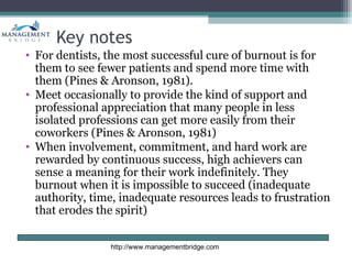 Key notes
• For dentists, the most successful cure of burnout is for
  them to see fewer patients and spend more time with
  them (Pines & Aronson, 1981).
• Meet occasionally to provide the kind of support and
  professional appreciation that many people in less
  isolated professions can get more easily from their
  coworkers (Pines & Aronson, 1981)
• When involvement, commitment, and hard work are
  rewarded by continuous success, high achievers can
  sense a meaning for their work indefinitely. They
  burnout when it is impossible to succeed (inadequate
  authority, time, inadequate resources leads to frustration
  that erodes the spirit)


                http://www.managementbridge.com
 