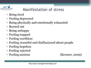 Manifestation of stress
•   Being tired
•   Feeling depressed
•   Being physically and emotionally exhausted
•   Burned out
•   Being unhappy
•   Feeling trapped
•   Feeling worthless
•   Feeling resentful and disillusioned about people
•   Feeling hopeless
•   Feeling rejected
•   Feeling anxious                        (Kerzner, 2009)

                  http://www.managementbridge.com
 