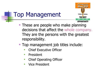 Top Management These are people   who make planning decisions that affect the  whole company.  They are the persons with the greatest responsibility. Top management job titles include: Chief Executive Officer President Chief Operating Officer Vice President  