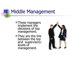 Middle Management These managers   implement the decisions of top management.  They are the link between the top and  supervisory-levels of management. 