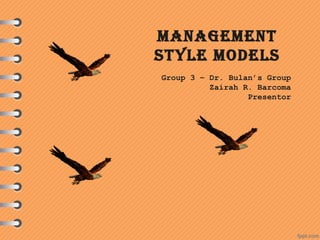 ManageMent
Style ModelS
Group 3 – Dr. Bulan’s Group
Zairah R. Barcoma
Presentor
 